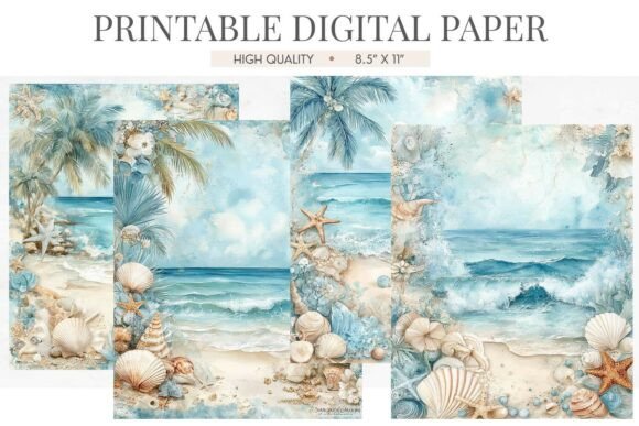 Tropical Palm Beach Shell Digital Paper: Crafting Coastal Calm